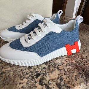 Hermes Blue and White Sneakers with Orange Accent